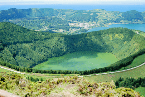  a view of Cete Cidades from the crater across Lagoa de Santiago