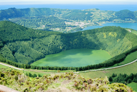 a view of Cete Cidades from the crater across Lagoa de Santiago